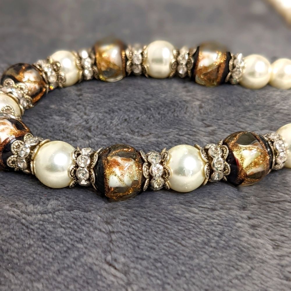 Vintage 90's Faux Pearl/Glass Beads & Rondal Rhinestone Bead Necklace - Picture 6 of 13